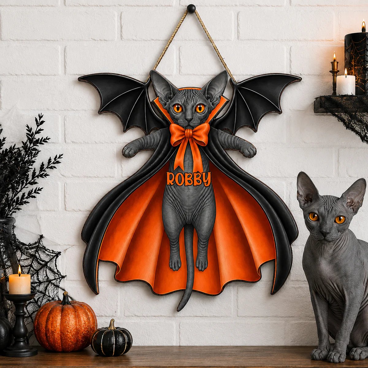 Halloween Cat Vampire - Personalized Wooden Door Sign - Gothic Decor for Cat Lovers