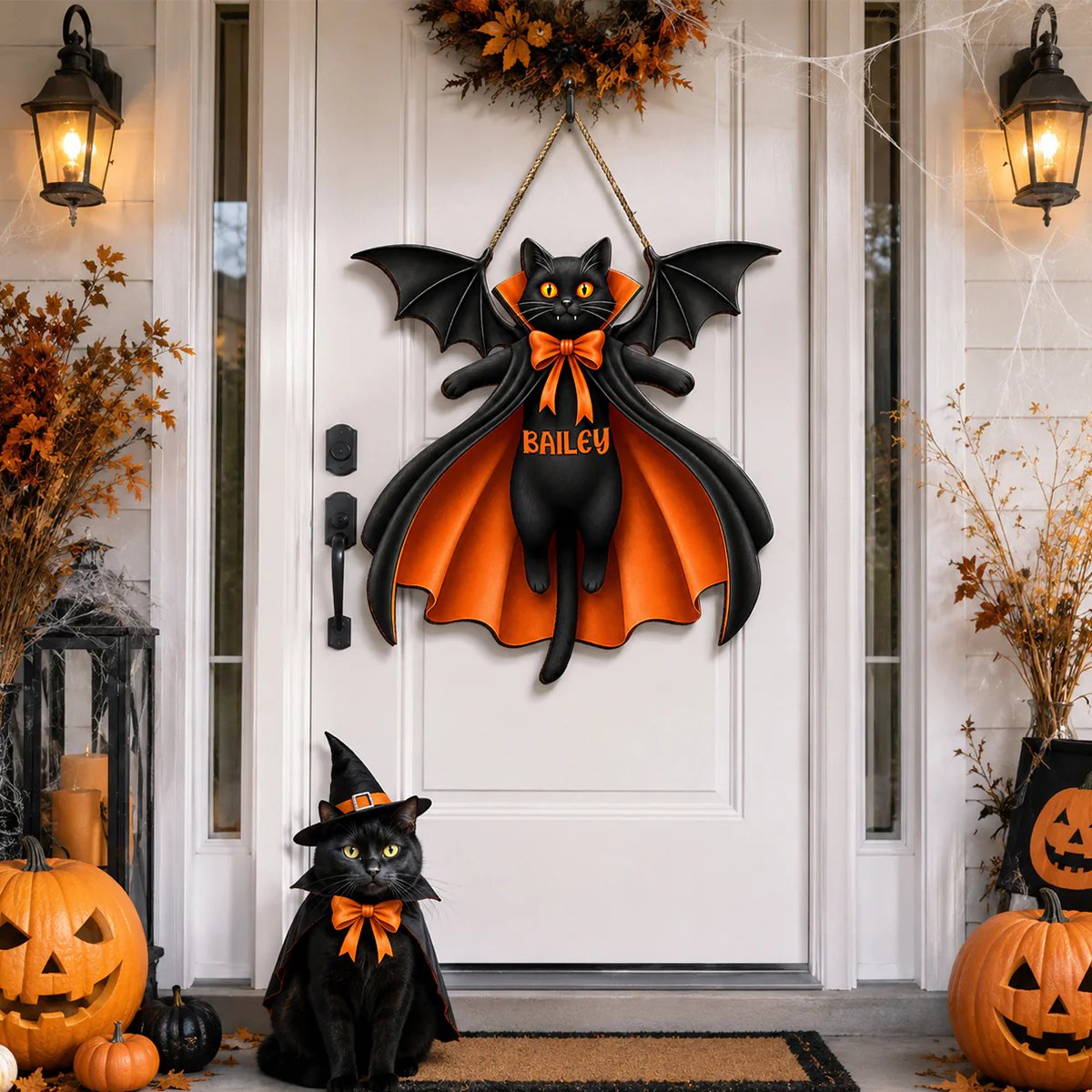 Halloween Cat Vampire - Personalized Wooden Door Sign - Gothic Decor for Cat Lovers