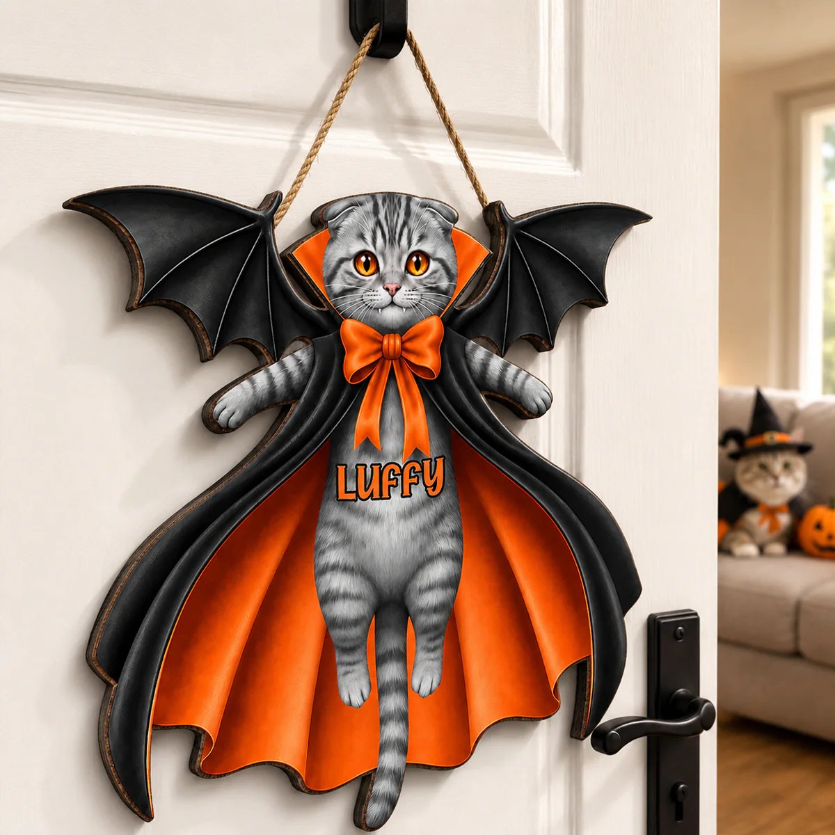 Halloween Cat Vampire - Personalized Wooden Door Sign - Gothic Decor for Cat Lovers
