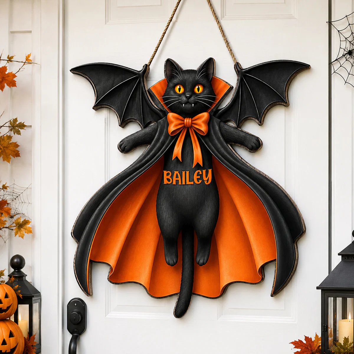 Halloween Cat Vampire - Personalized Wooden Door Sign - Gothic Decor for Cat Lovers