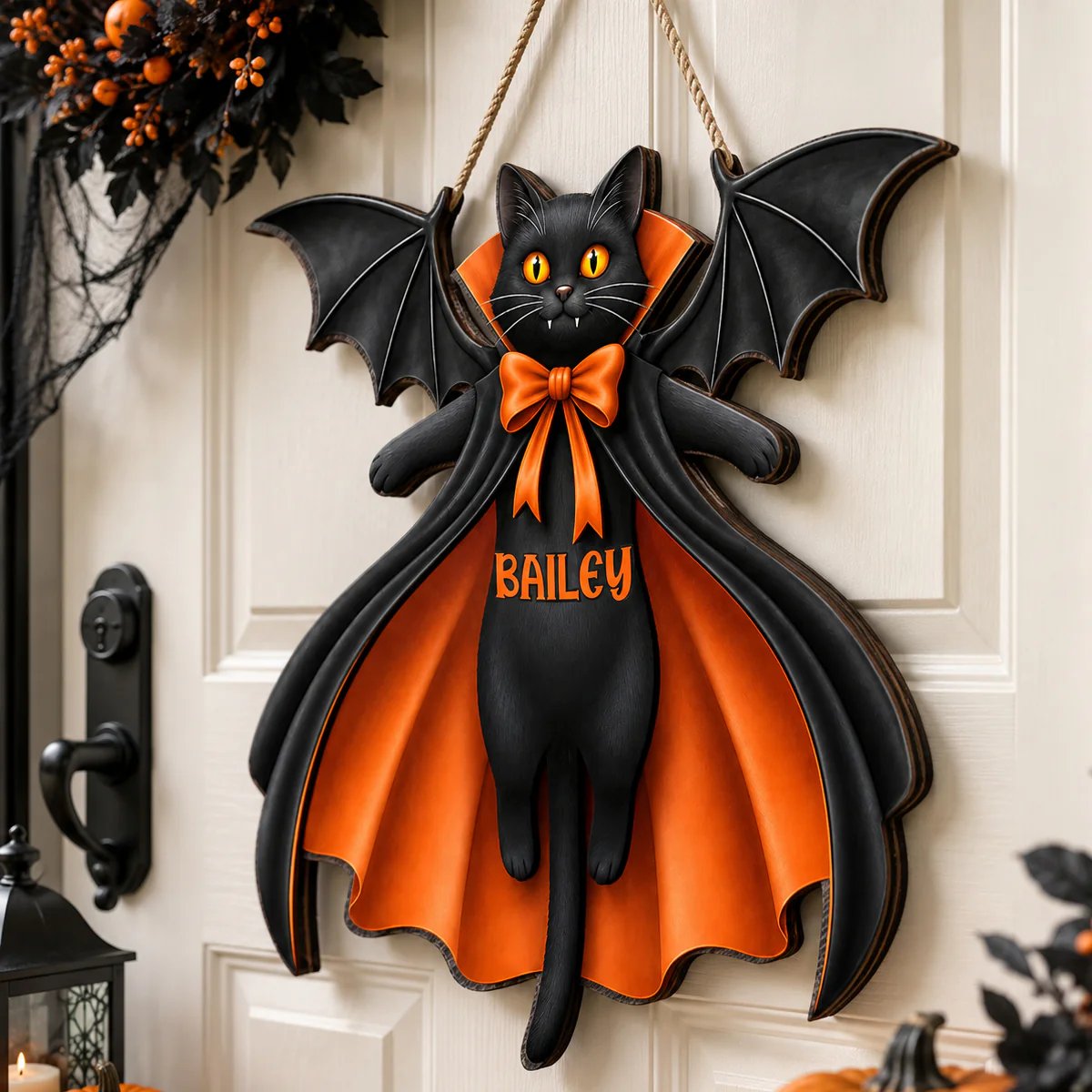 Halloween Cat Vampire - Personalized Wooden Door Sign - Gothic Decor for Cat Lovers