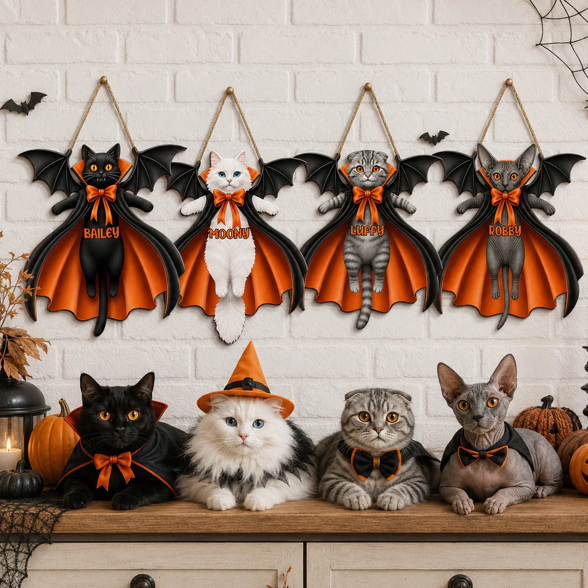 Halloween Cat Vampire - Personalized Wooden Door Sign - Gothic Decor for Cat Lovers
